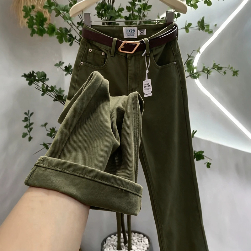 Olive green high-waisted straight-leg jeans for women, 2026 new autumn collection, loose fit, slimming effect, and flowing long pants