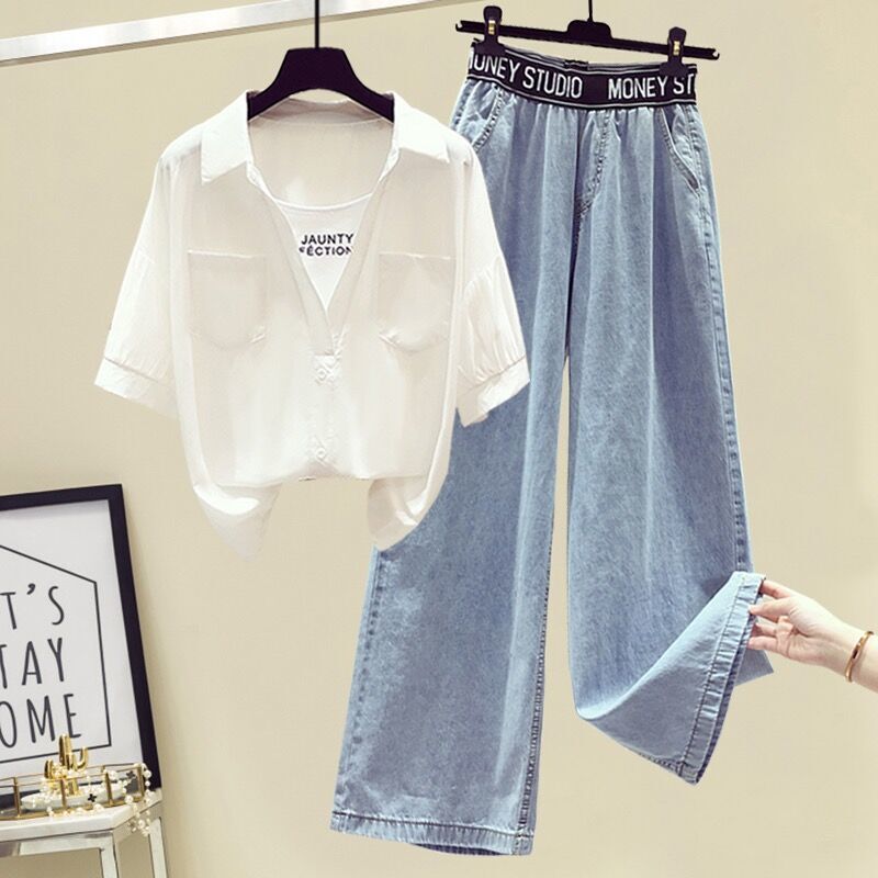 Gongyuong Petite Suit for Women, Summer Style, Versatile Hong Kong Style Short-Sleeved Shirt and Wide-Leg Jeans Two Pieces