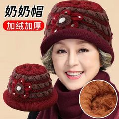 老婦人用ウール暖かいベルベットマザーズ帽子、防寒厚みのある中高年帽子、女性の秋冬おばあちゃん帽子