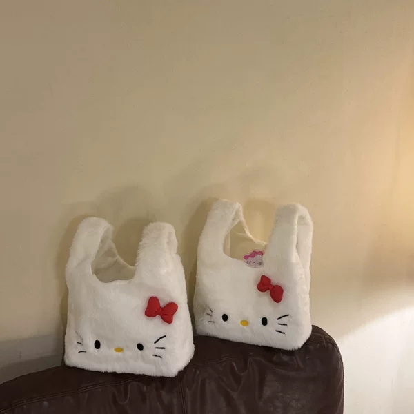 Rabbit Fur Cartoon Hello Kitty Head Simple Three-Dimensional Bow Cute Handbag Tote Bag A18