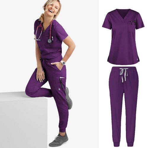 Exported one-piece scrub suit with short sleeves—women’s scrub tops for pet grooming, veterinary doctors, and healthcare workers—medical and nursing attire.