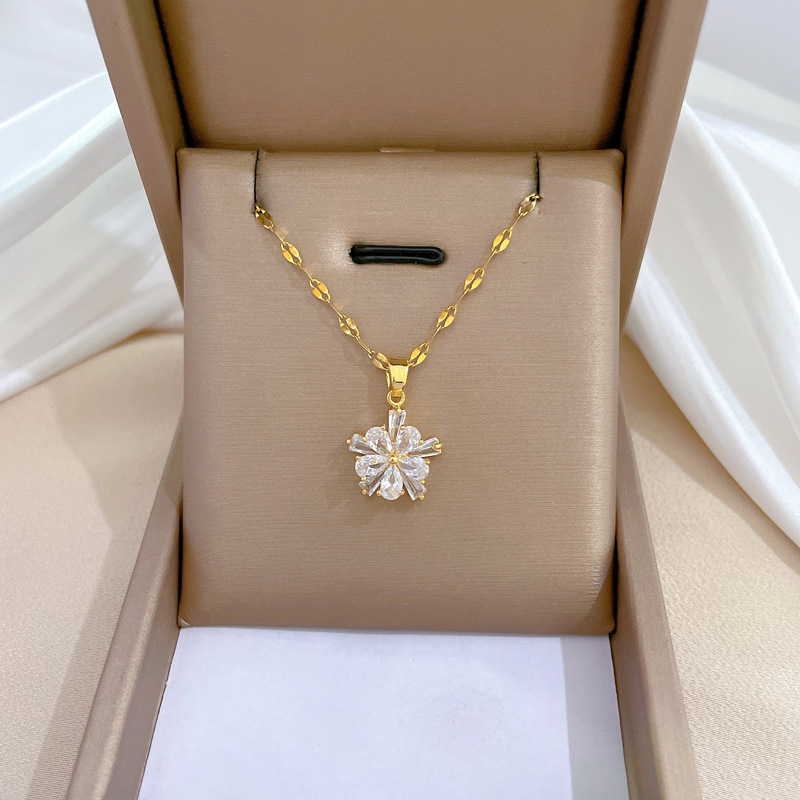 Golden Plated Plating Material Golden Plated 304 Stainless Steel Electroplating Zircon Flower Sweet Earrings Necklace For Women'S