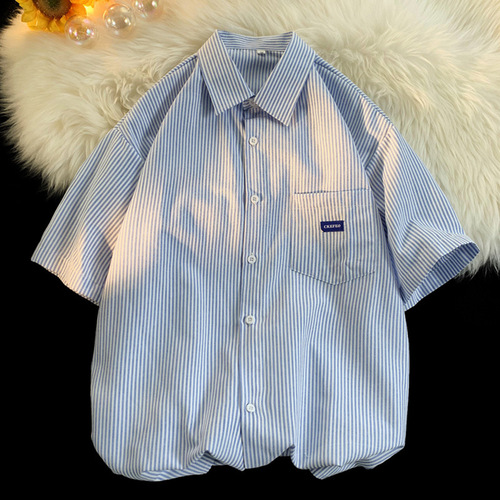 Striped Short-Sleeve Shirt for Men - Summer Trend Brand Oversize Casual Collar Shirt - American Retro Couple's Top