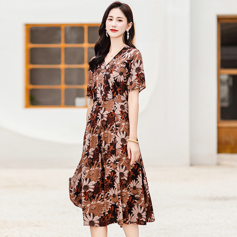 高端棉绸连衣裙新款夏季女妈妈时尚印花人造棉宽松大码外穿长裙子|undefined