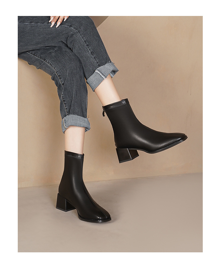 Courtes en cuir véritable pour femmes, nouvelle botte française haute et fine, tête carrée épaisse, printemps et automne 2024_voghion.com