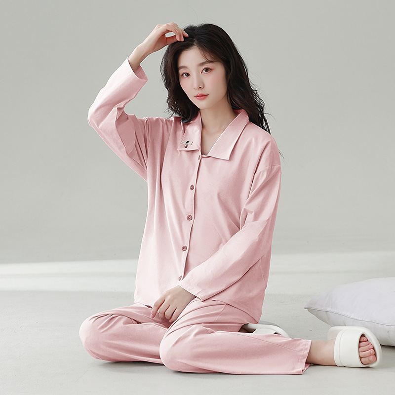 잠옷 여성의 새로운 [COOL COTTON] 긴 소매 바지 세트 옷깃 가슴 패드 솔리드 컬러 편안한 외부 착용 홈 의류 세트