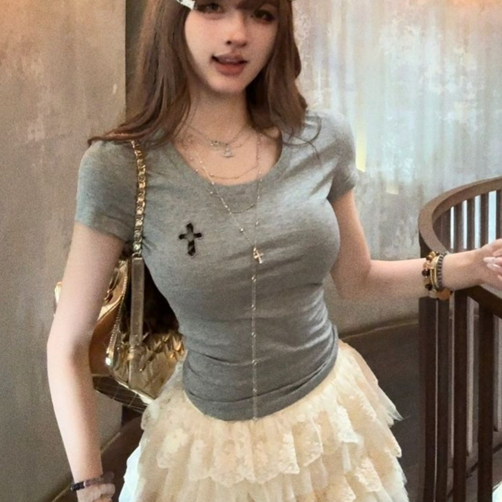Pure Desire Style Cross-Stitch Lace Hollow Out Short Sleeve T-Shirt for Women, Summer Slim Fit Dopamine Stunning Top