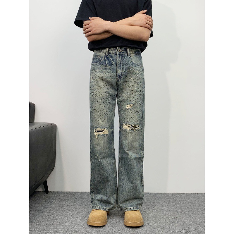 Personalisierte, mit Strasssteinen verzierte Jeans für Herren, Frühling und Sommer, Used-Look, von einer bekannten Modemarke, stylische Straight-Leg-Schlagjeans_voghion.com
