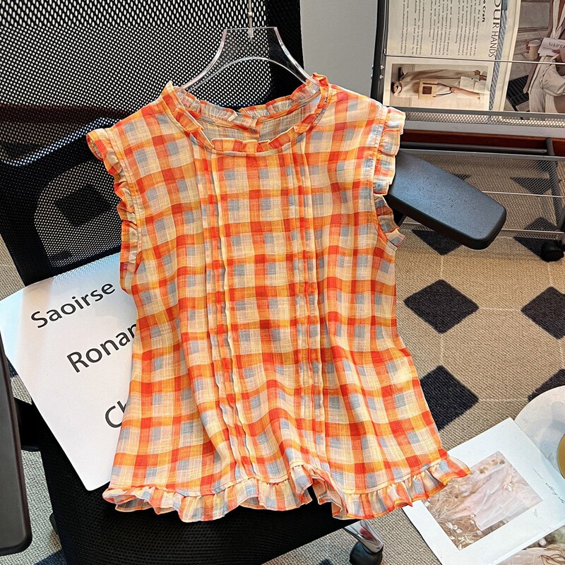 Orange Plaid Sleeveless Blouse with Fringe, Thin Summer Top for Women, New Trendy and Super Stylish Orange Plaid Sleeveless Blouse with Fringe, Thin Summer Top for Women, New Trendy and Super Stylish