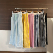 撞色白腰格子裤泡泡皱薄款夏季女黑白阔腿长裤子休闲松紧拖地宽松