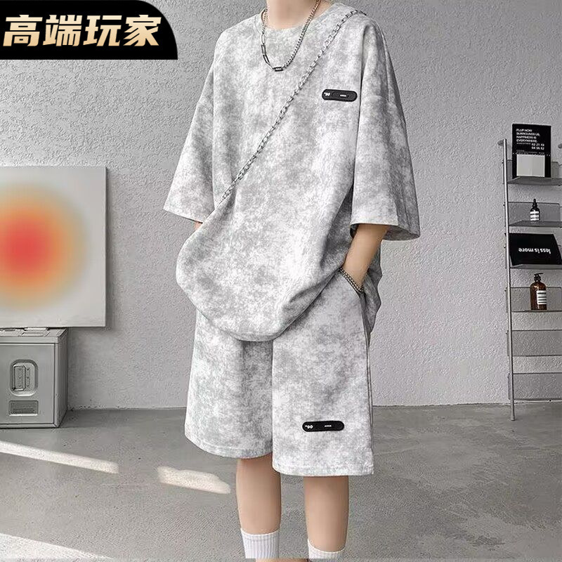 Summer Suit for Men, Tie-Dye Three-Quarter Sleeve T-Shirt, Shorts, Trendy Plus-Size Men's Clothing, a Complete Set of Casual Suits for Men