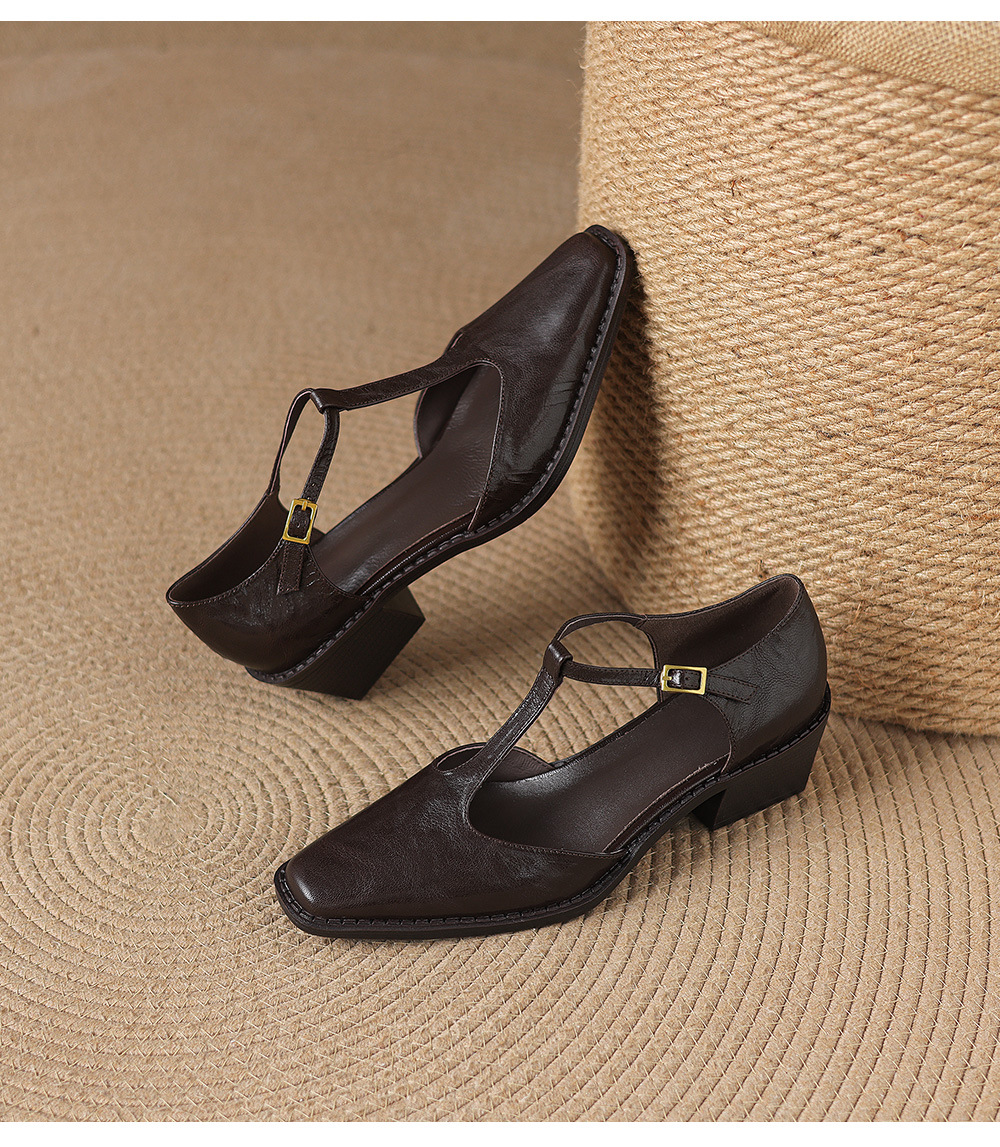 Sandal nữ quai ngang chữ T mũi nhọn gót vuông phong cách Anh retro — màu nâu chi tiết 23