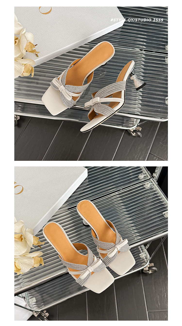 Sandal cao gót nữ hở mũi đính đá pha lê, quai ngang nơ bướm, gót 9 cm — màu hồng, màu trắng ngà chi tiết 13