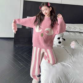 女童秋冬加绒家居服套装2025新款韩系女大童大眼睛珊瑚绒睡衣睡裤