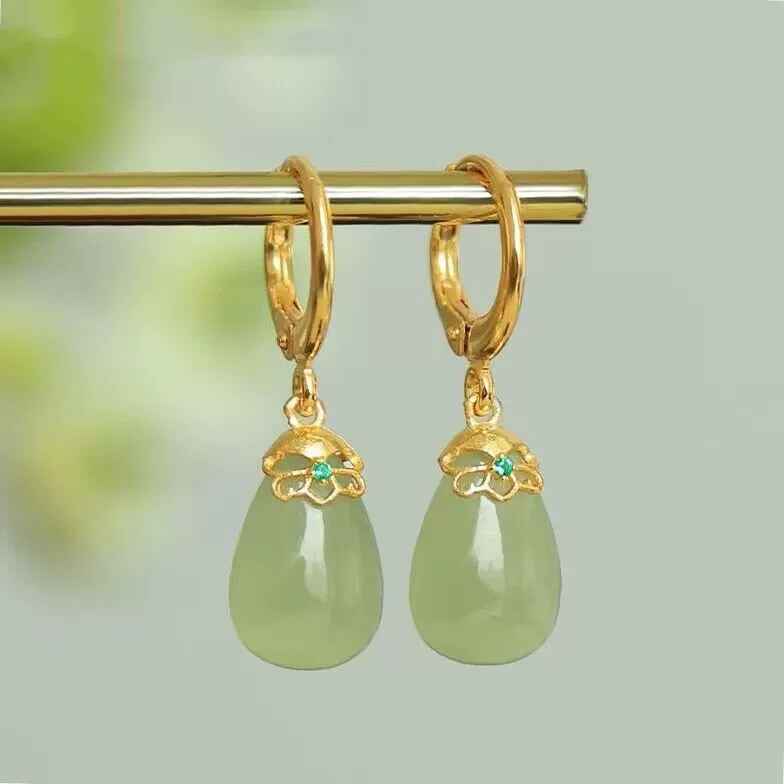 Модные популярные женские серьги из зеленого нефрита Hetian, покрытые чистым серебром с настоящим золотом, винтажные изысканные серьги с каплями воды из белого нефрита.