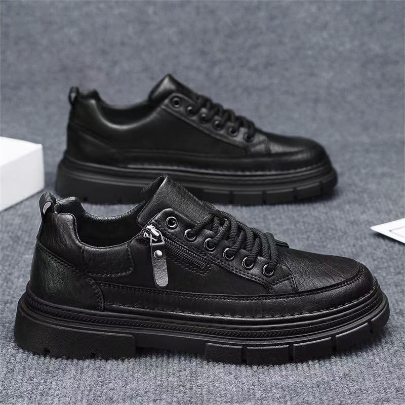 Men's Shoes Spring New Style Men's Sports Casual Sneakers Versatile Waterproof Non-Slip Black Leather Shoes Leather Surface Trendy Shoes for Work