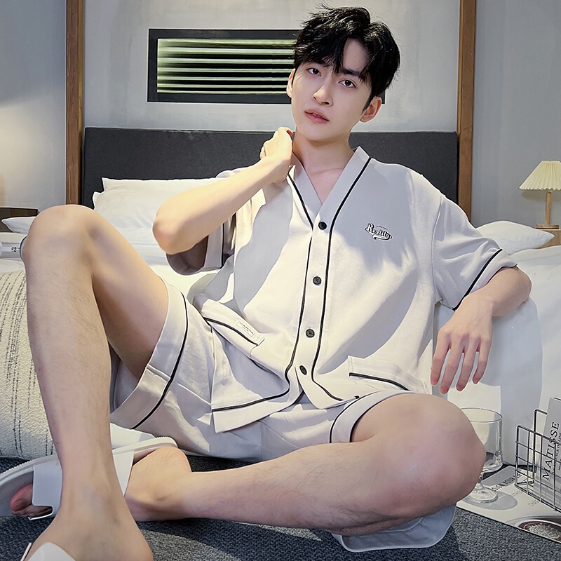 Men's summer pajamas, pure cotton, short-sleeved set, lightweight loungewear, cardigan style, 2026 new collection, can be worn as outerwear