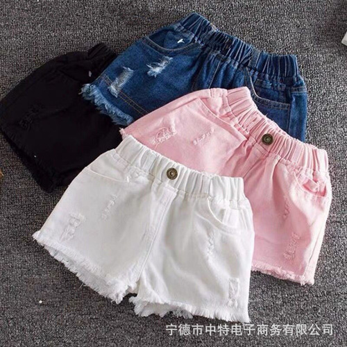 Girls shorts summer 2024 style children's style medium and large children's denim shorts outer wear hot pants ripped fashion multi-color