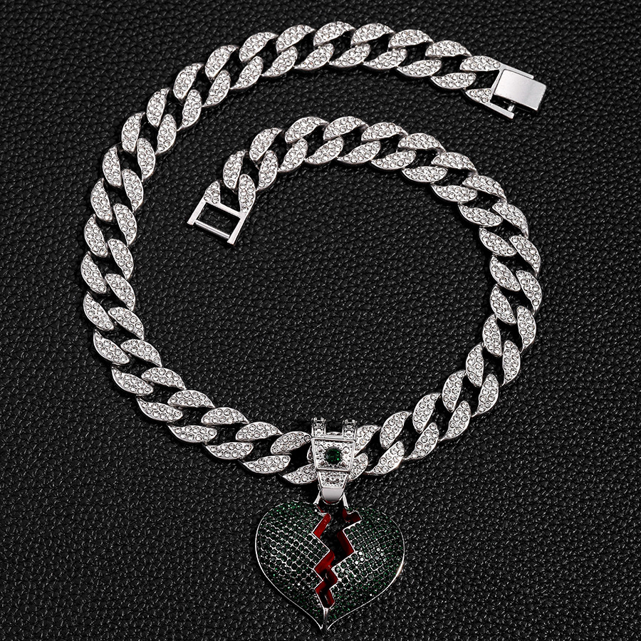 Street hip-hop style, personalized dark green split heart pendant, 15mm watch buckle, Cuban necklace_voghion.com