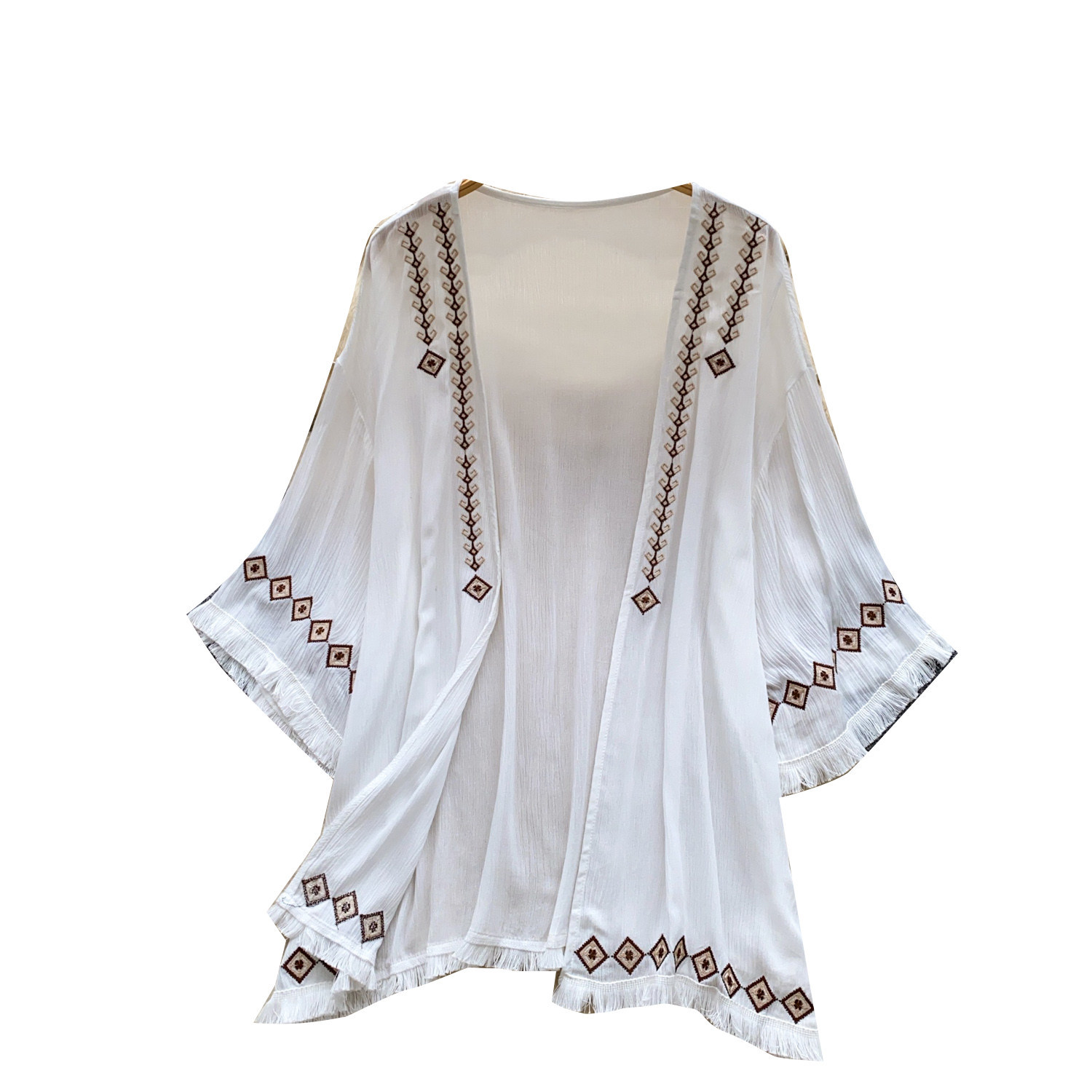 Women's White Retro Embroidery Tassel Cardigan Loose Fitting Summer Vacation Elegant Shirt Top_ecoleips.com