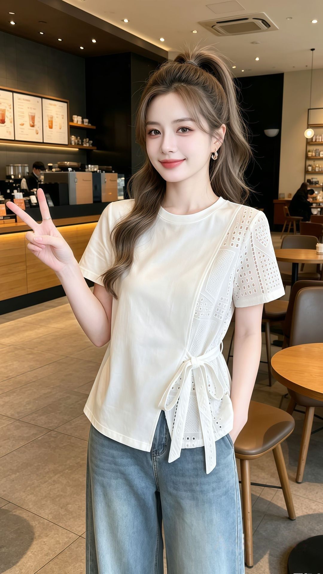 Áo thun nữ tay ngắn thiết kế không đối xứng chạm rỗng, dáng suông thoải mái — màu trắng chi tiết 1