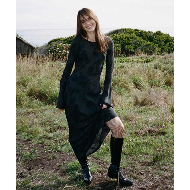 Ballet dress/double crepe silk bias-cut waist slimming bell-sleeve long-sleeve spring-summer vacation dress for women Ballet dress/double crepe silk bias-cut waist slimming bell-sleeve long-sleeve spring-summer vacation dress for women