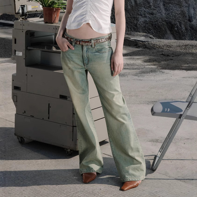 Distressed blue mud wash low waist stretch-free Denim trousers gender-free men's and women's same retro jeans