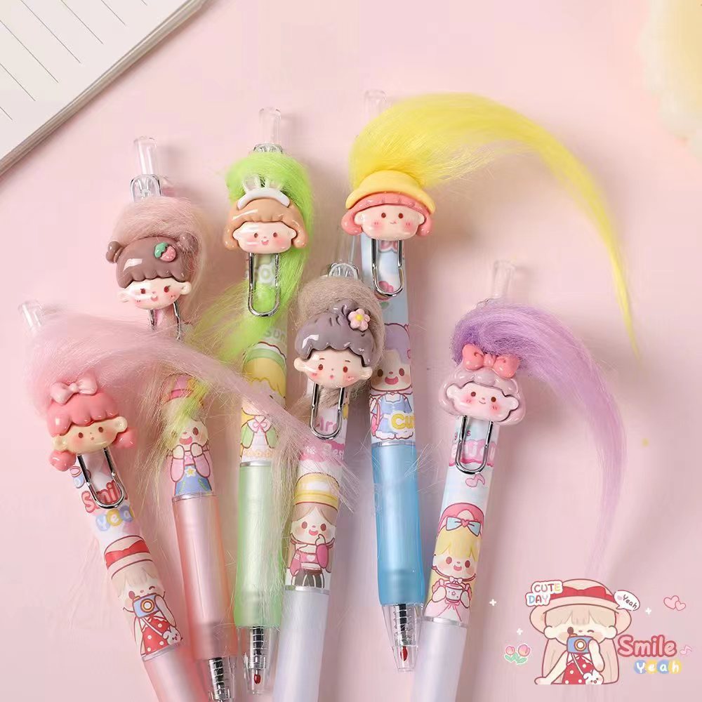 網紅炸毛中性筆女孩創意丑萌筆可愛diy丑娃炸毛貼片筆速干刷題筆
