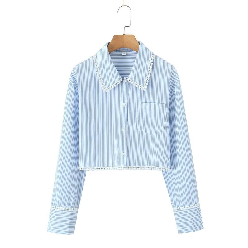 Zr Women's 2025 Summer New Style Casual Casual Lace Details Sweet Striped Top Short Shirt