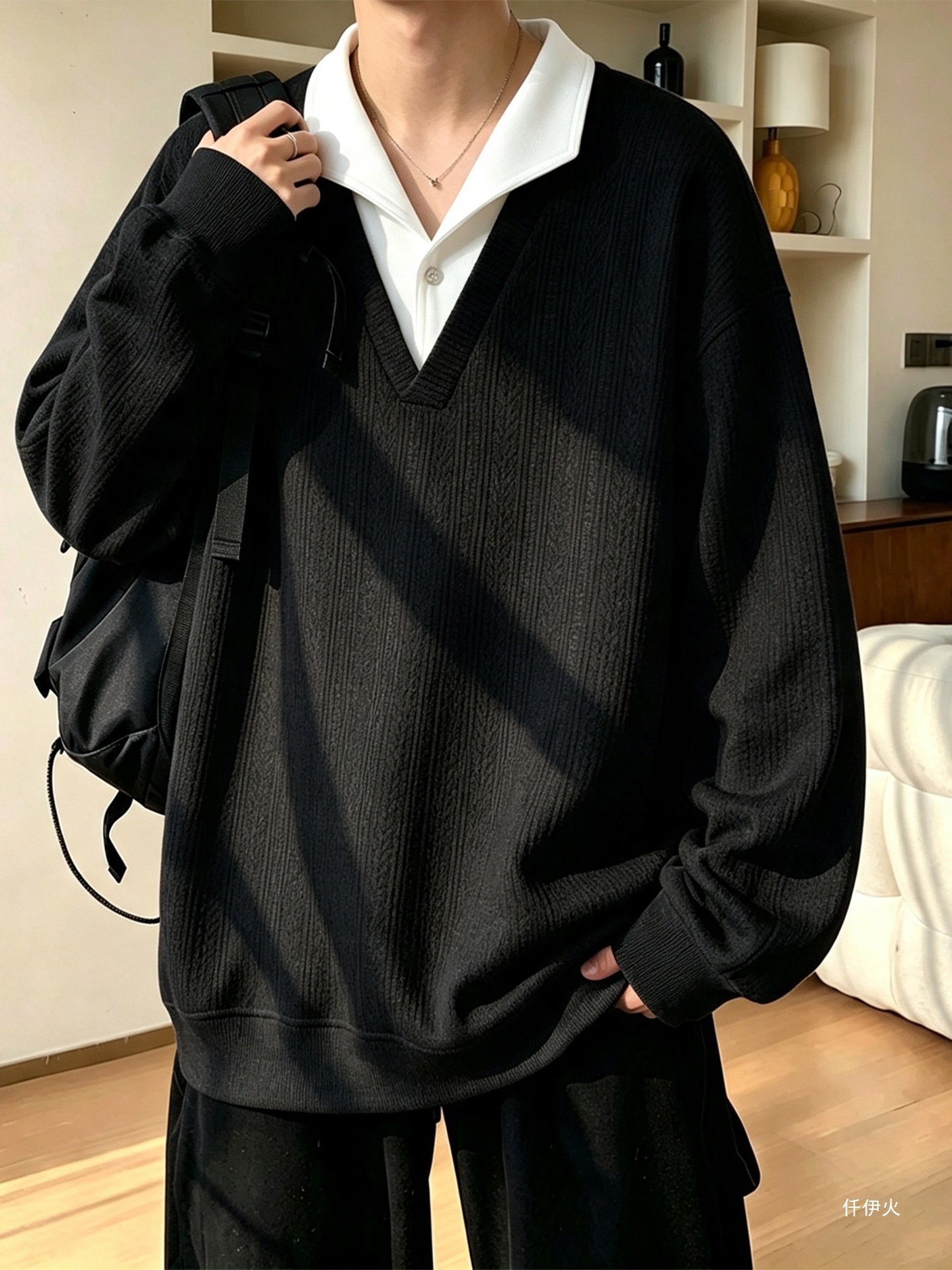 Wheat-patterned faux two-piece turn-down collar sweatshirt for men, autumn Korean style, loose casual jacket, V-neck Polo shirt top