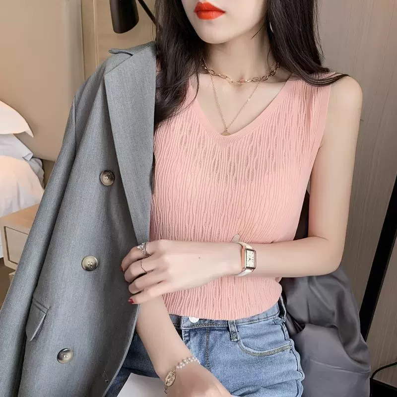 Top with cups, thin tank top, base knitted suit, V-neckline, slim fit