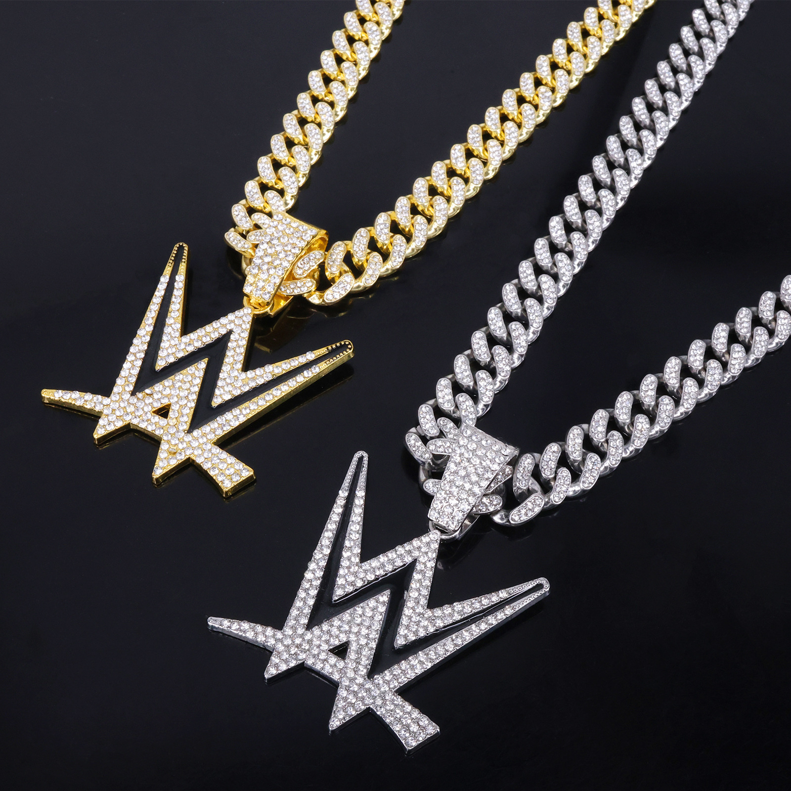 Trendy Men's Must-Have Cool Two-Tone W Letter Pendant Necklace Flashing Diamond Hip-Hop Street Dance Style Cuban Chain_voghion.com