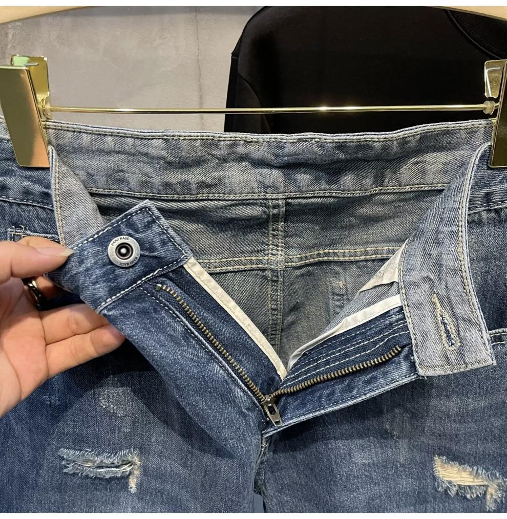 Men's Ripped Denim Shorts Casual Loose Fit Washed Perforated Straight Leg Mid Waist Trendy Summer Style Cotton Five Point Pants_mkmklike.com