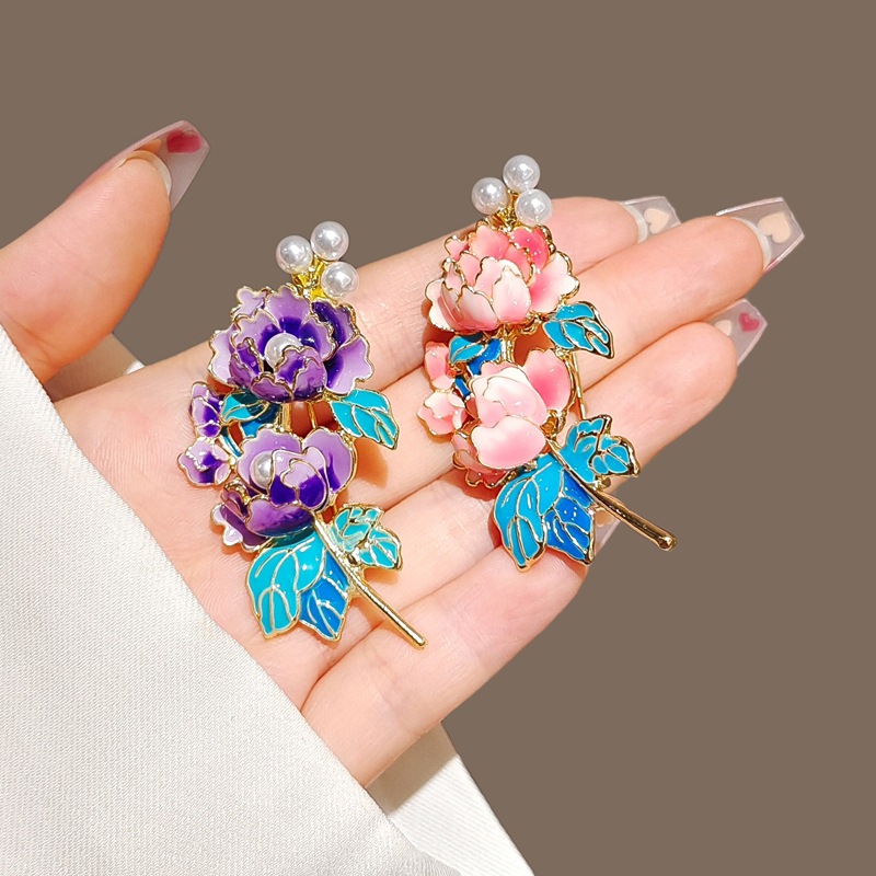 Chinese Style Elegant Enamel Peony Flower Brooch Retro Painted Flower Pin Corsage Suit Lapel Clothing Accessories