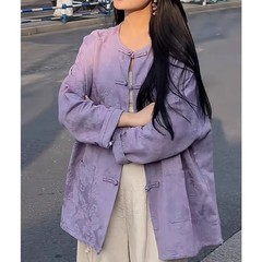 中国式綿麻盤ボタン上着女性中国風復古文芸対襟盤ボタン立襟長袖綿麻シャツコート