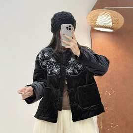 新中式立领丝绒棉服女冬复古刺绣盘扣保暖外套短款国风棉衣
