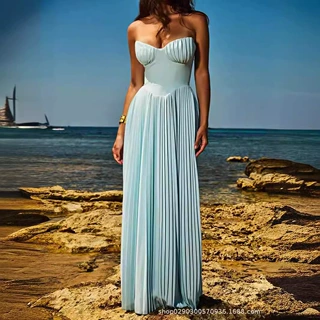 2024年夏季新品天蓝色抹胸显瘦压褶紧身连衣裙外贸货源批发 dress
