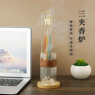 Bamboo Hanging Three-Clip Incense Burner for Home Indoor Rockery Glass Sandalwood Burner Metal Incense Clip Upside-Down Incense Insert Incense Burner
