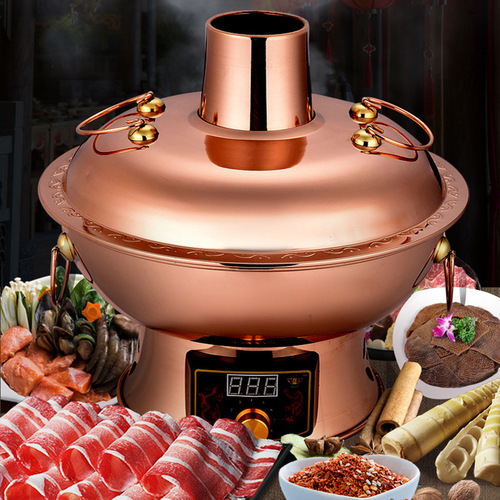 Pure copper electric carbon two-in-one hot pot with thick display plug-in copper hot pot antique pure copper pot household Siamese hot pot