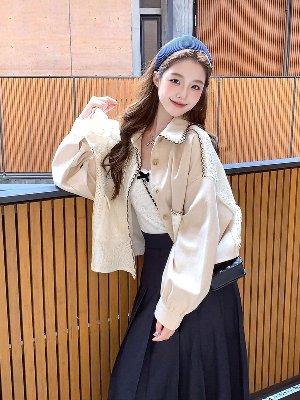 2025秋季新款小香风时尚翻领夹克外套女气质蕾丝拼接棒球服上衣女|undefined