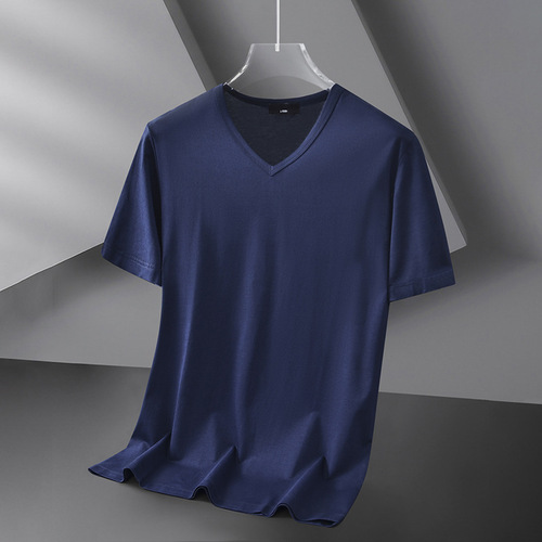 Men's Summer Thin Modal Ice Silk V-Neck Pure Black Solid Color Quick-Dry Short Sleeve T-Shirt