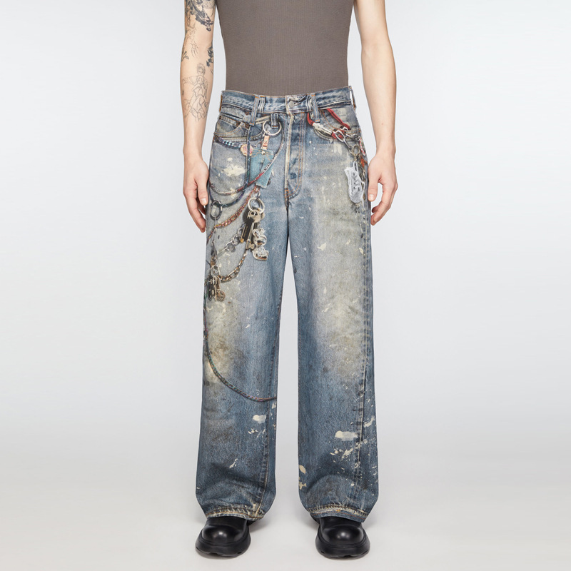 American High Street Ac Same Style 3D Digital 1981 Waist Chain Printed Straight Jeans Men's Trendy Baggy Wide Leg Pants