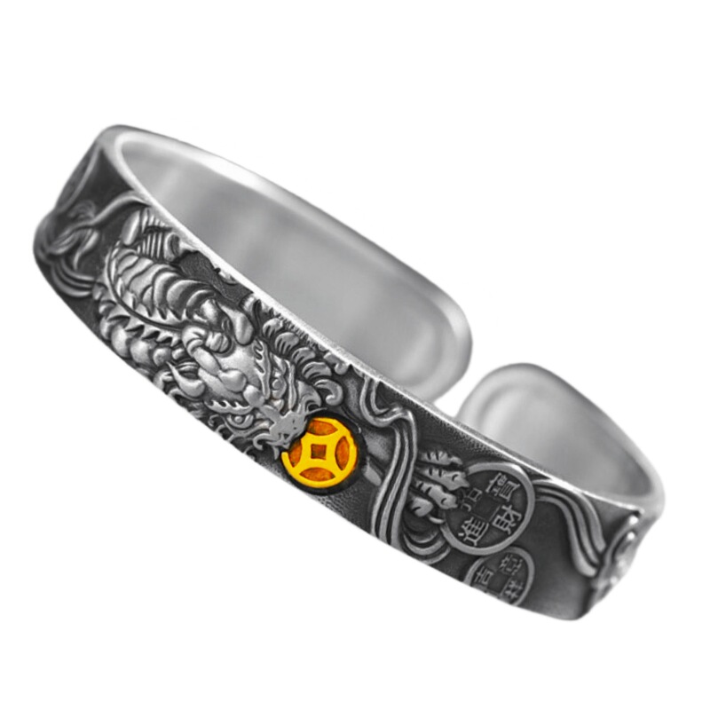 Retro Thai Silver Black Gold Copper Coin Pixiu Bracelet Open Solid Stylish Auspicious Cloud Money Coin Pixiu Bracelet Bracelet