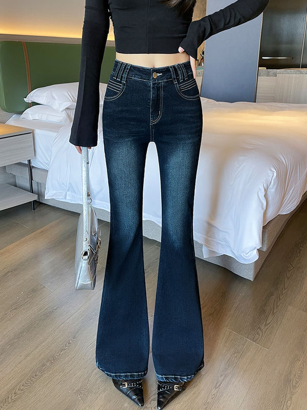 蓝灰色微喇牛仔裤女秋季2025新款高腰修身显瘦提臀马蹄接喇叭裤子|undefined