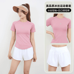 スポーツランニングスーツレディース半袖速乾服アウトドアランニングTシャツヨガ服フィットネス服プロボディービルショーツ