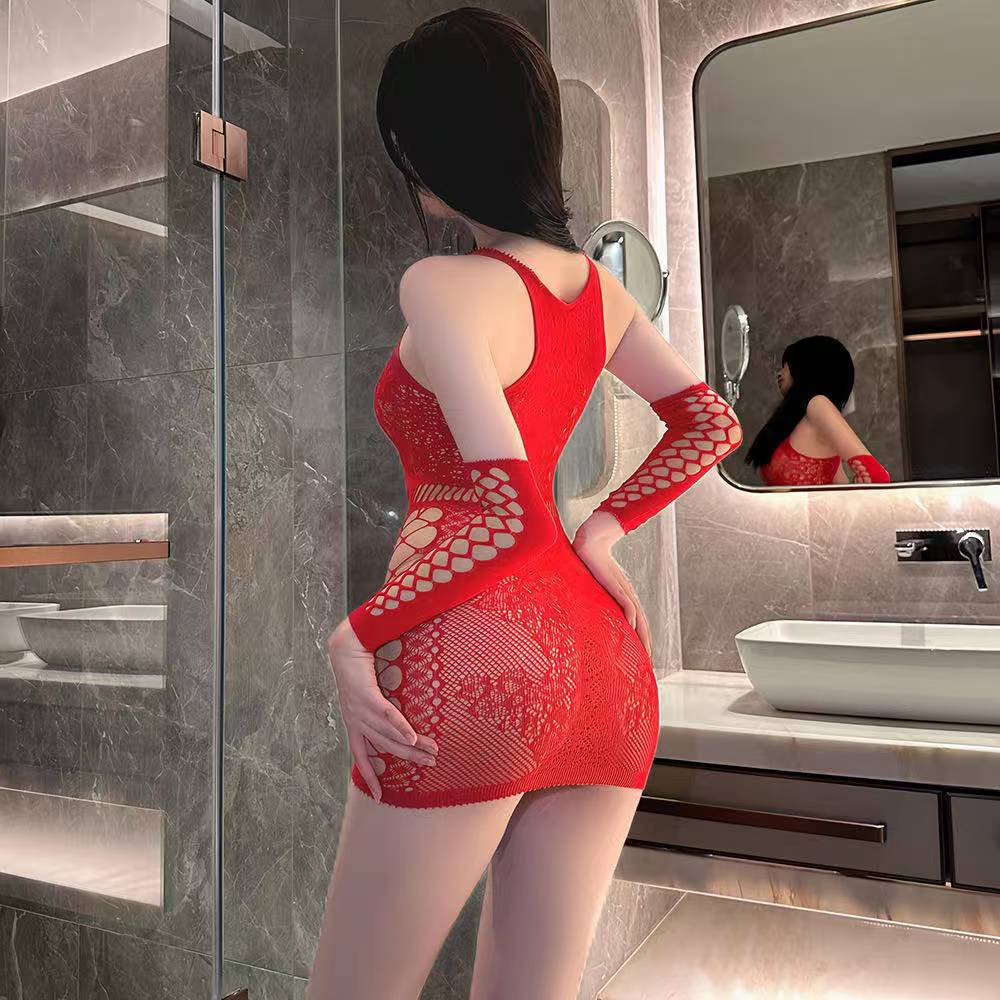Purely Alluring See-Through Lace Net Dress, Slim-Fit Bodycon Mini Lingerie in Red, One Size — detail image 2