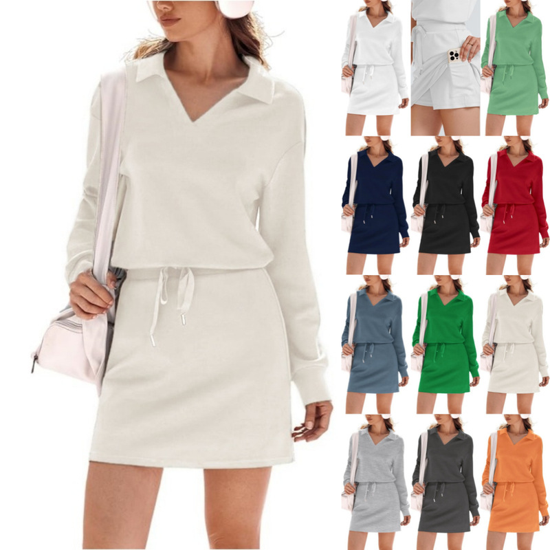 Cross-Border European and American Amazon Women's Two-Piece Casual Sportswear Long-Sleeved T-Shirt Short Skirt Set Tennis Jogging Cross-Border European and American Amazon Women's Two-Piece Casual Sportswear Long-Sleeved T-Shirt Short Skirt Set Tennis Jogging