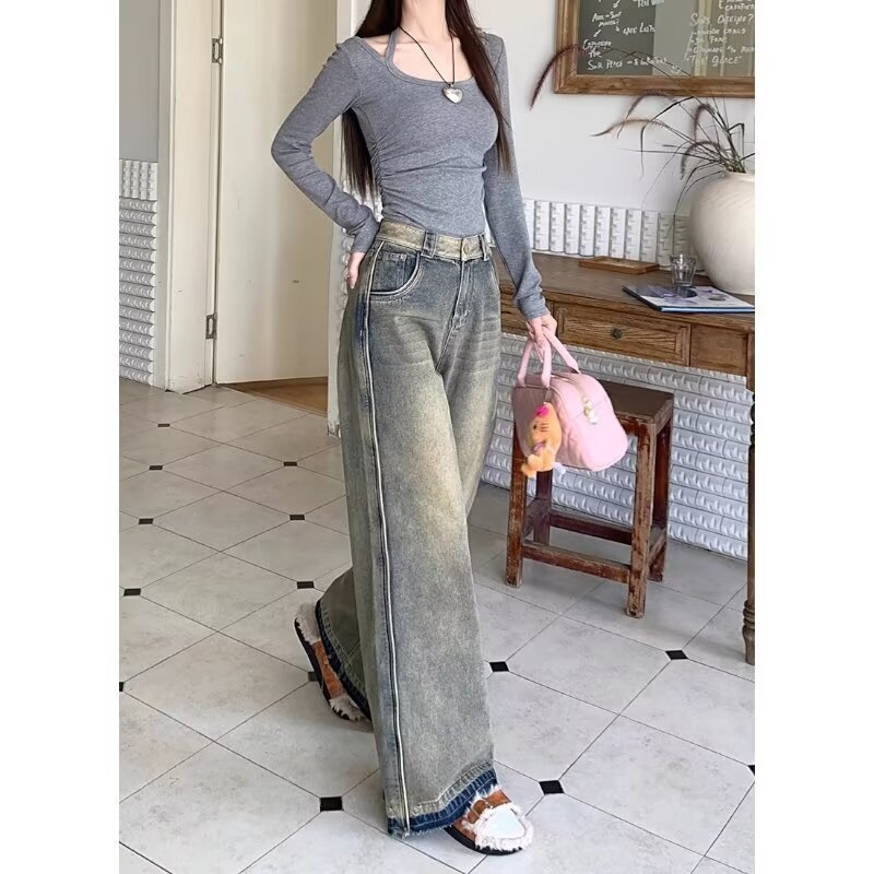 2024 Vintage Fried Street Bleaching Paint Old Craft Loose Men's Denim Trousers Wide Leg Straight Tube