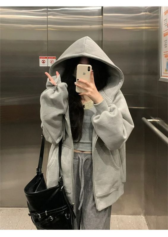 灰色连帽开衫卫衣女拉链休闲宽松oversize慵懒风外套秋冬季|undefined