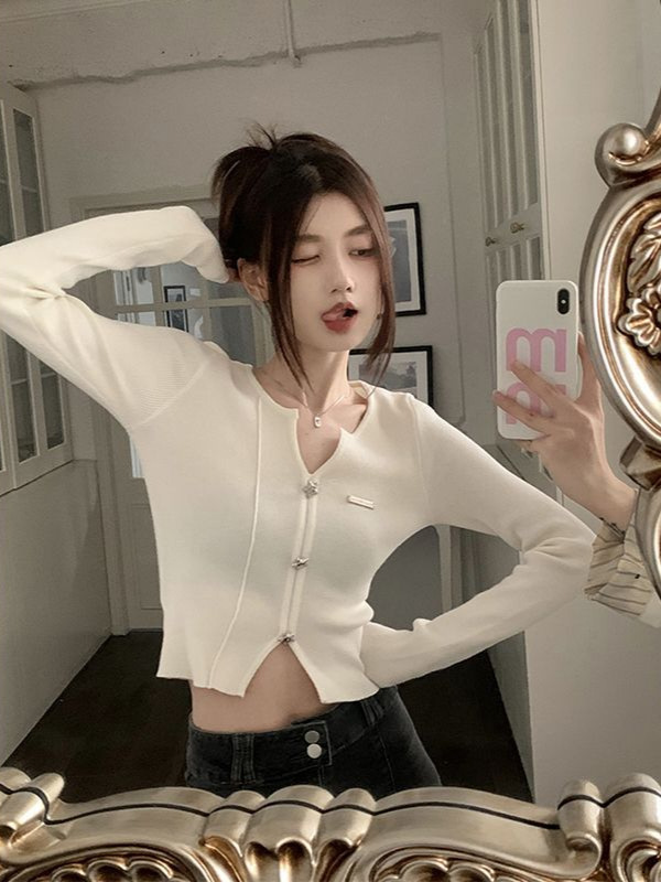 纯欲v领黑色打底衫女针织开衫2025春秋装新款辣妹上衣设计感小众|undefined